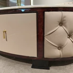 Oval White Marble Coffee Table with Cream Tufted Leather Sides and Two Drawers